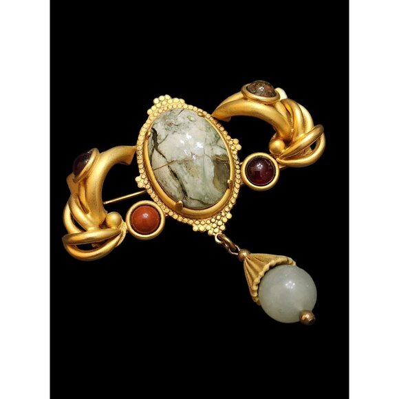 Unsigned Verified Natasha Stambouli 24kt Gold Plated Semi Precious Dangle Brooch - Picture 5 of 7